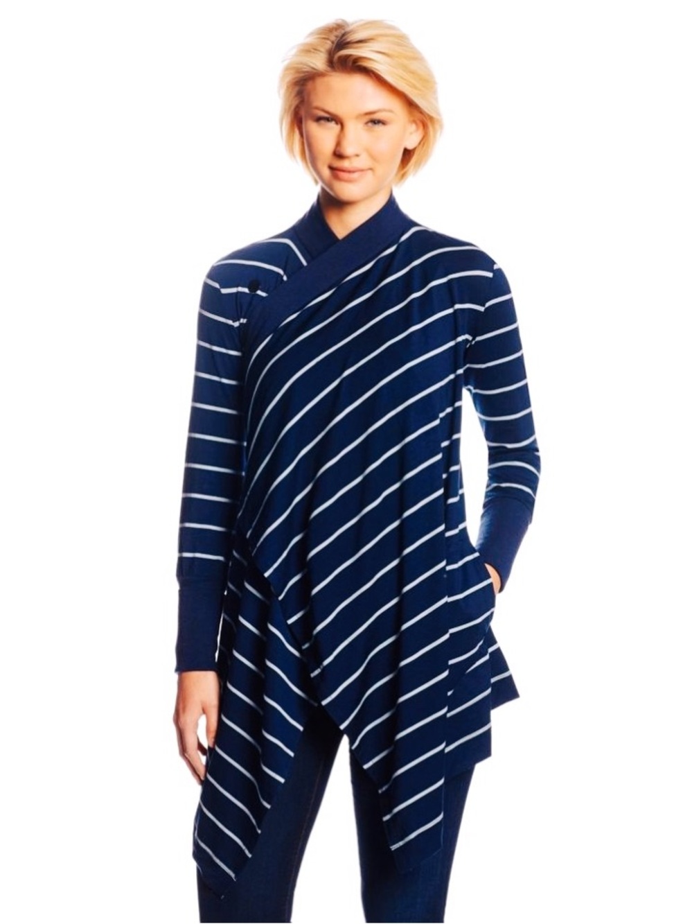 Icebreaker Merino Wool Striped Wrap-Style Cardigan Poncho Sweater in Navy